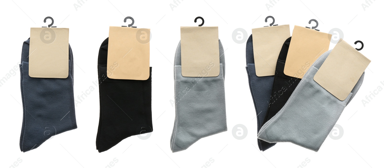 Image of Pairs of cotton socks with blank labels on white background, collage. Banner design