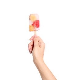 Woman holding berry popsicle on white background, closeup