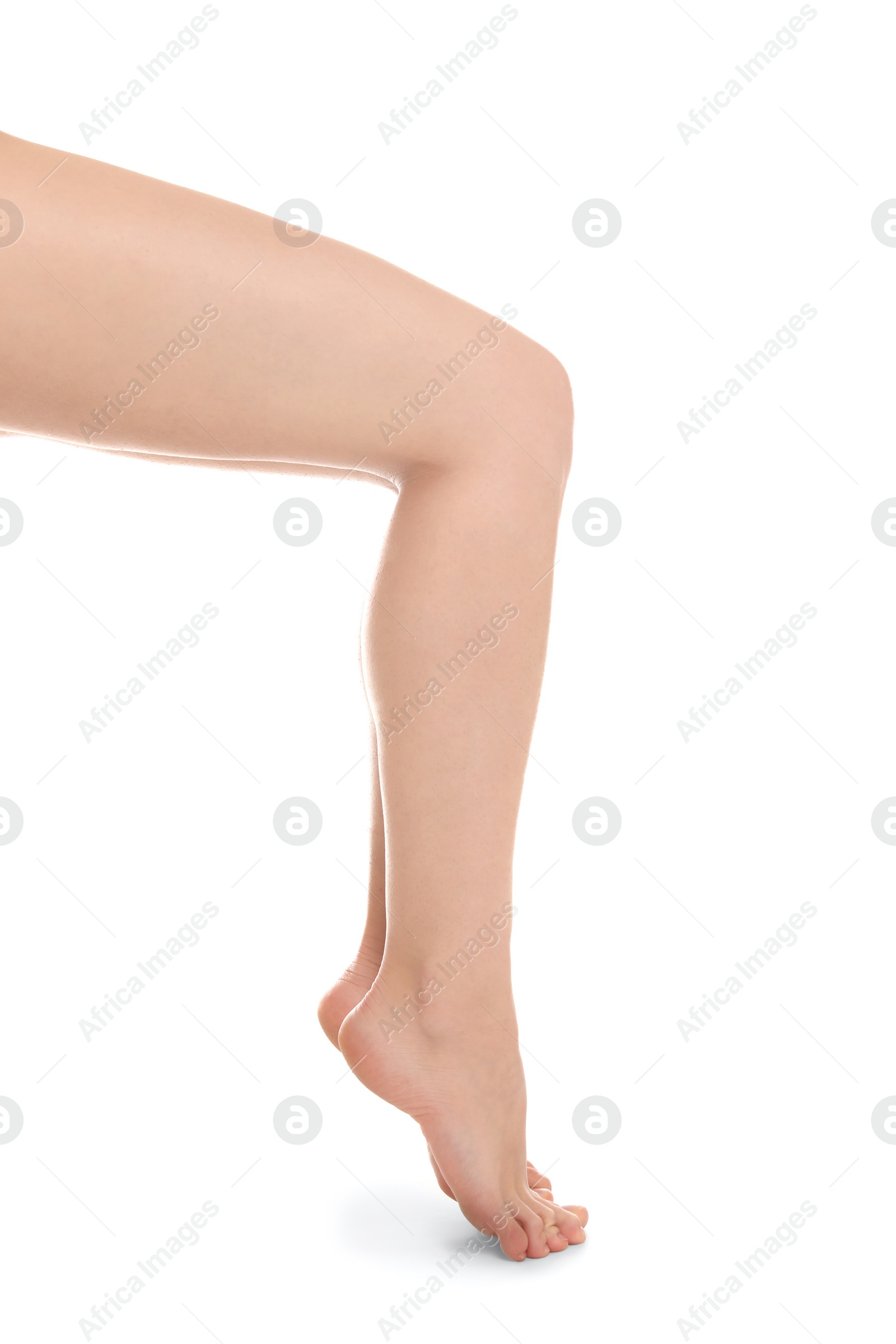 Photo of Young woman showing smooth silky skin after epilation on white background