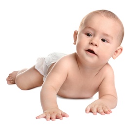 Photo of Cute little baby crawling on white background