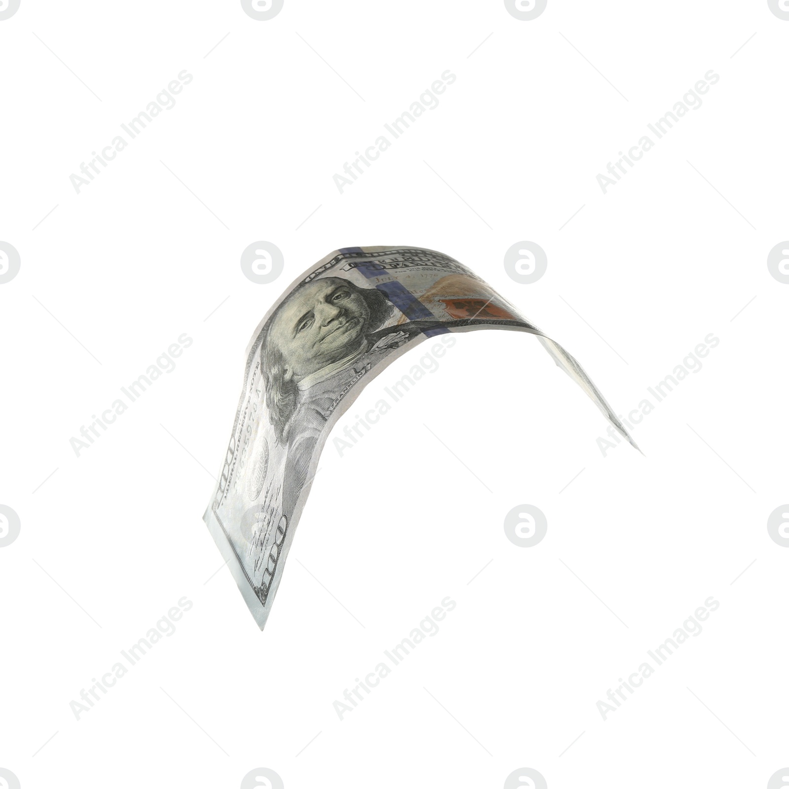 Photo of Dollar banknote isolated on white. Flying money