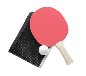 Photo of Ping pong racket, net and ball isolated on white, top view