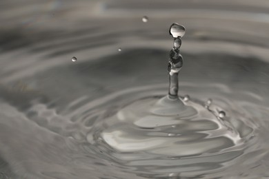 Splash of clear water with drops on grey background, closeup