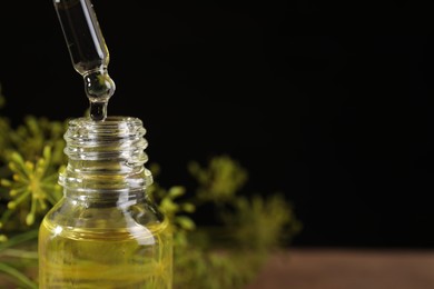 Photo of Dripping dill essential oil from pipette into bottle on black background, closeup. Space for text