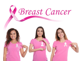Image of Breast cancer awareness. Group of women on white background
