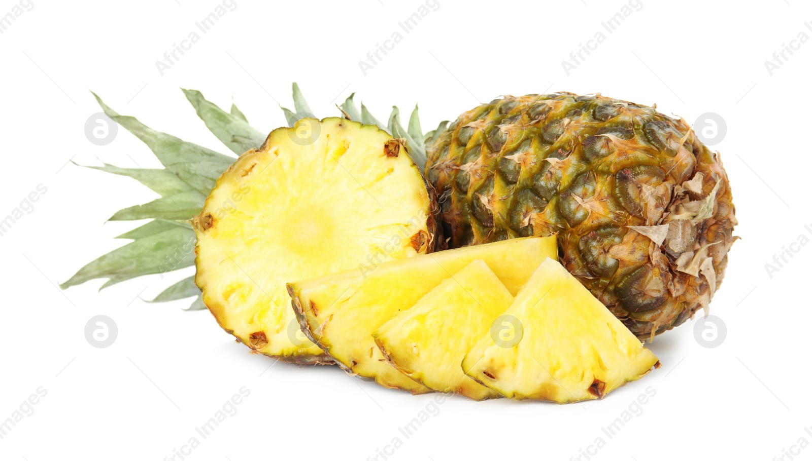 Photo of Whole and cut juicy pineapples isolated on white