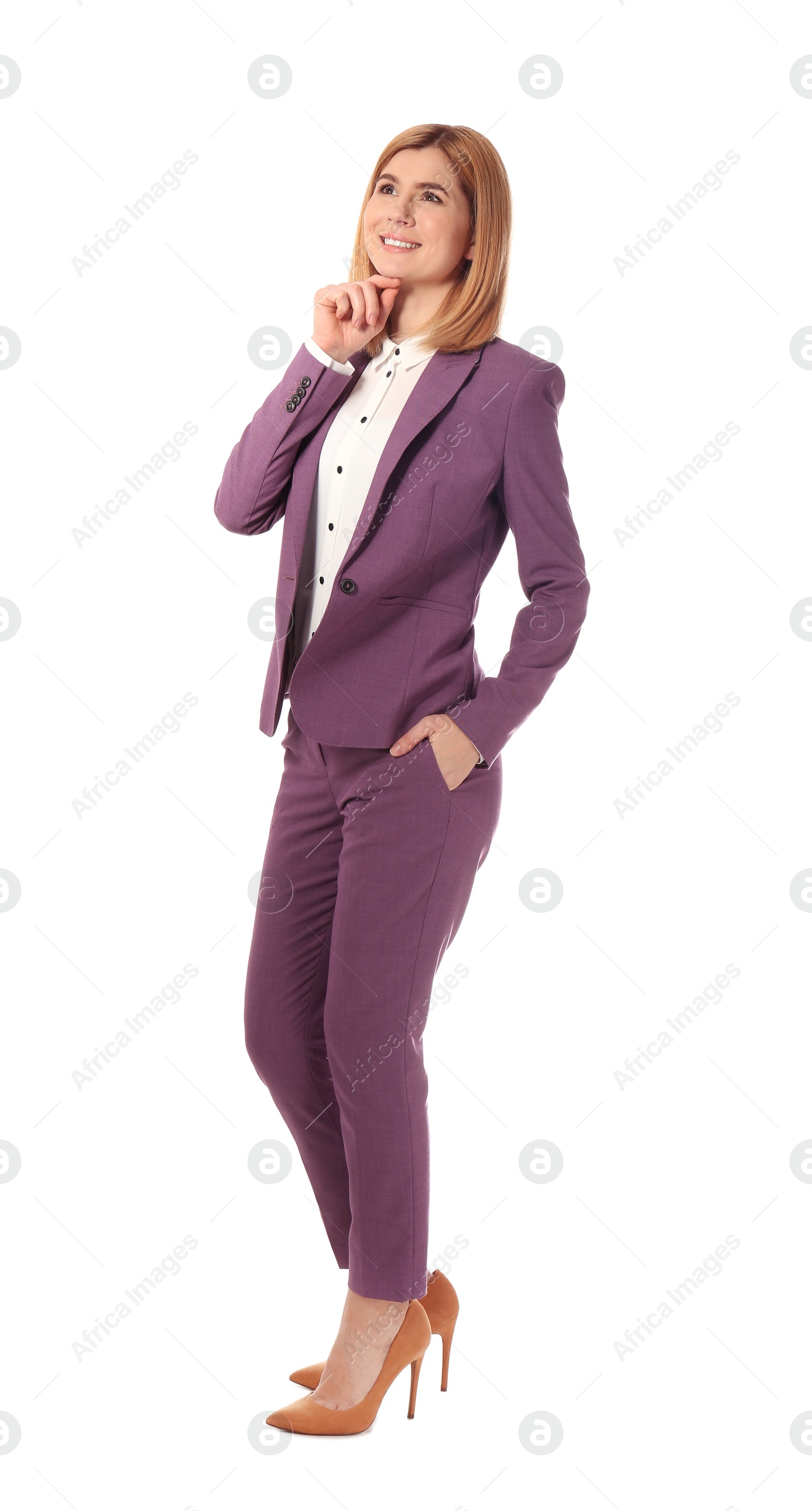 Photo of Full length portrait of happy businesswoman on white background