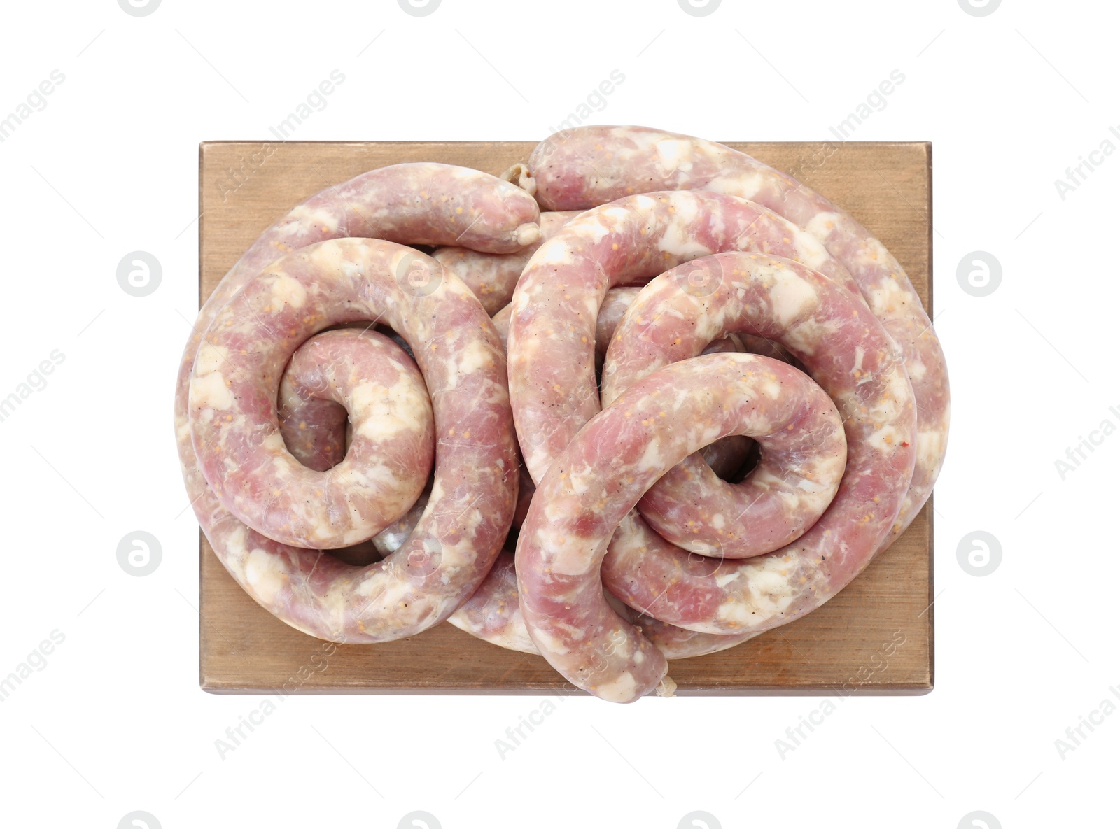 Photo of Board with homemade sausages on white background, top view