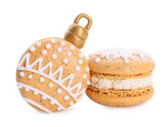 Photo of Beautifully decorated Christmas macarons on white background