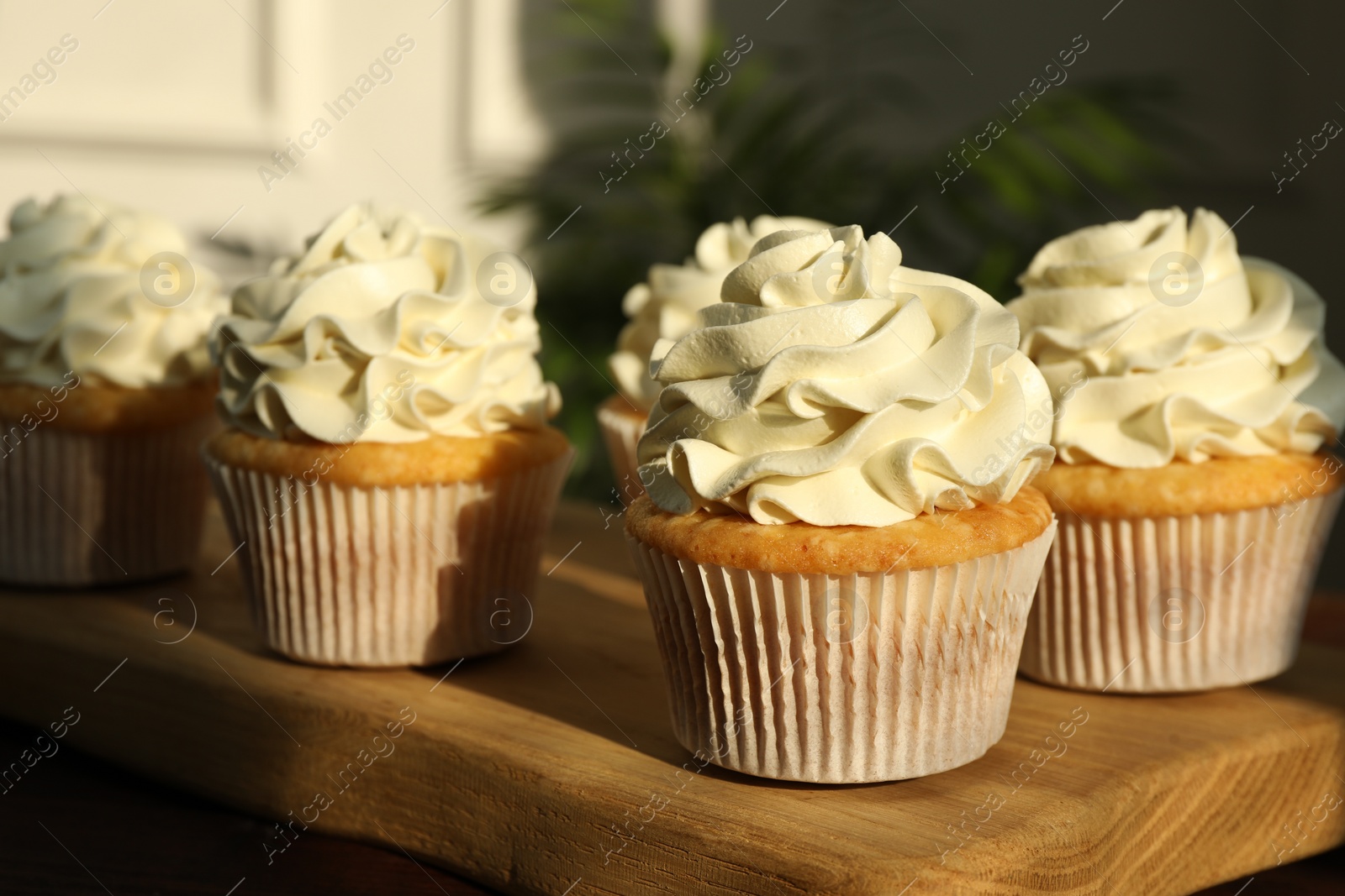 Photo of Tasty cupcakes with vanilla cream on wooden board, closeup