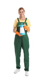 Photo of Female janitor with spray bottle of cleaning product on white background