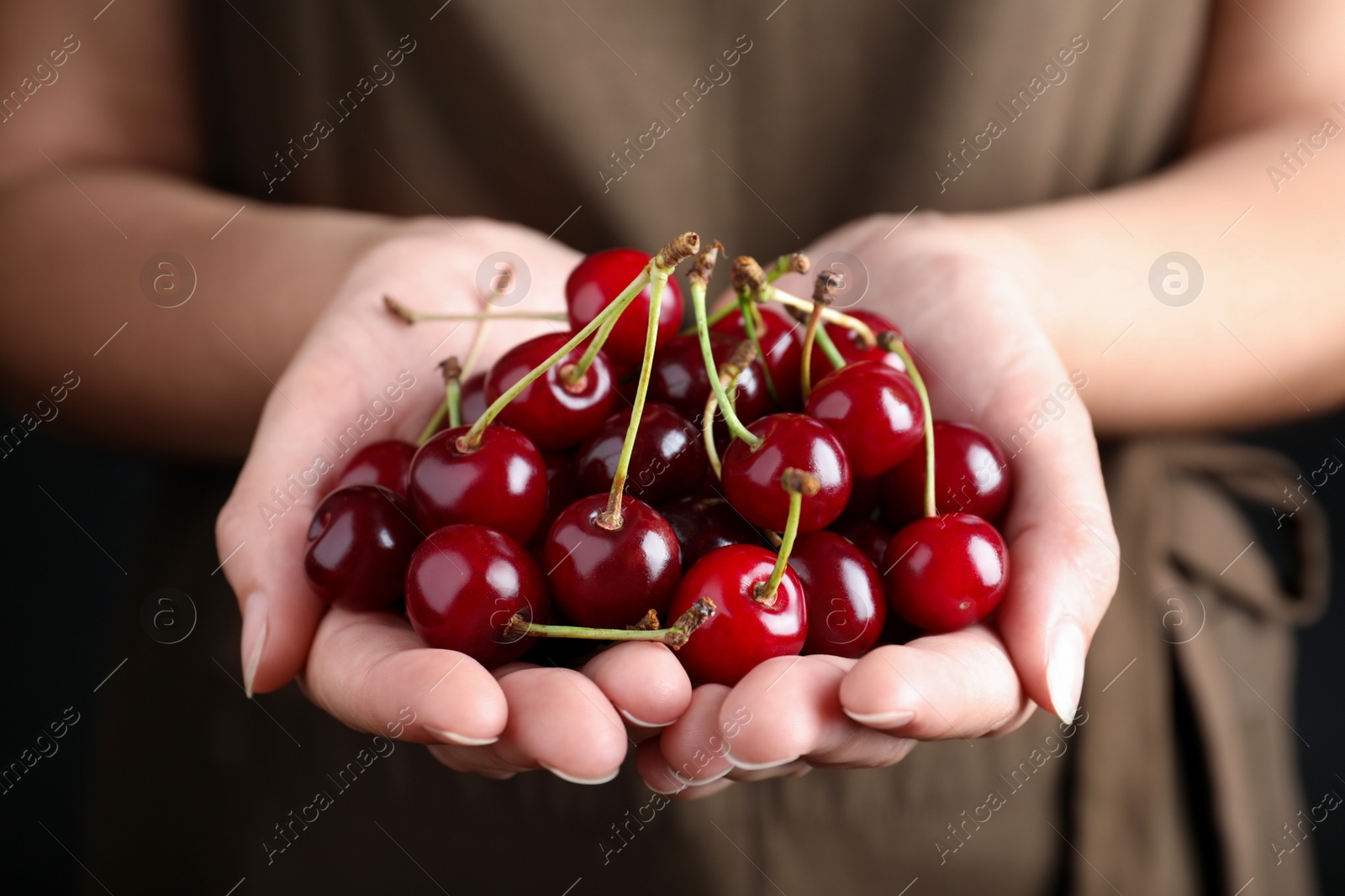 Photo of Woman holding sweet juicy cherries, closeup view