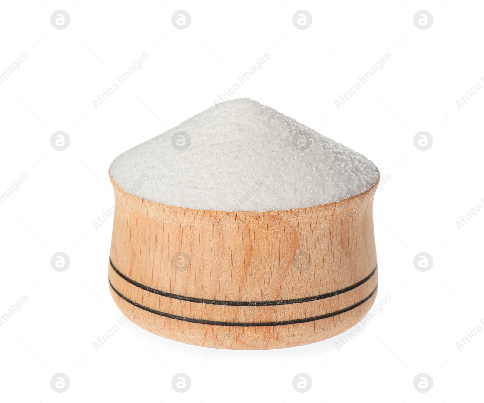 Photo of Wooden bowl with natural salt isolated on white