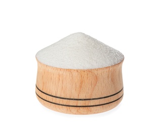 Photo of Wooden bowl with natural salt isolated on white