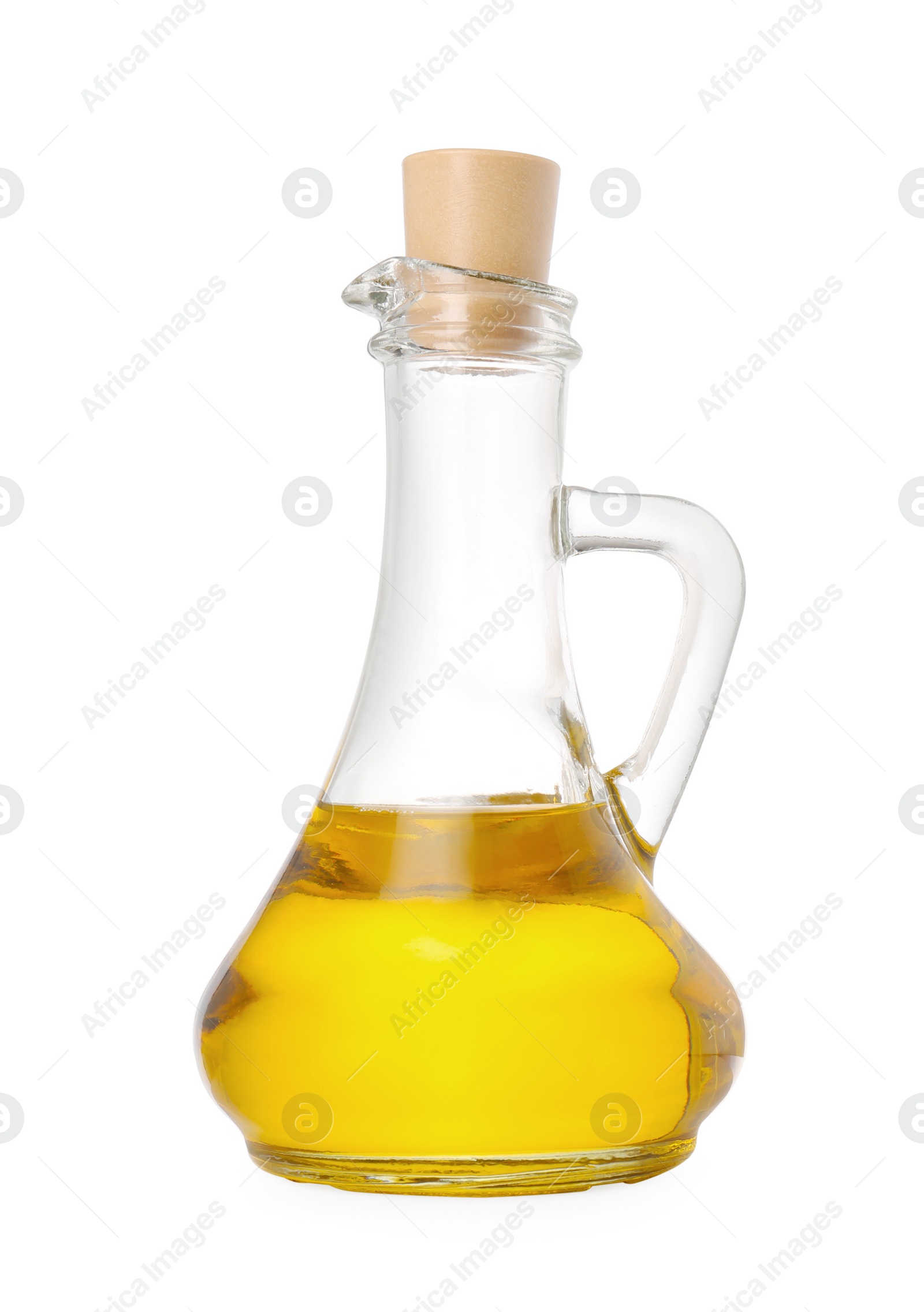 Photo of Glass jug of cooking oil isolated on white