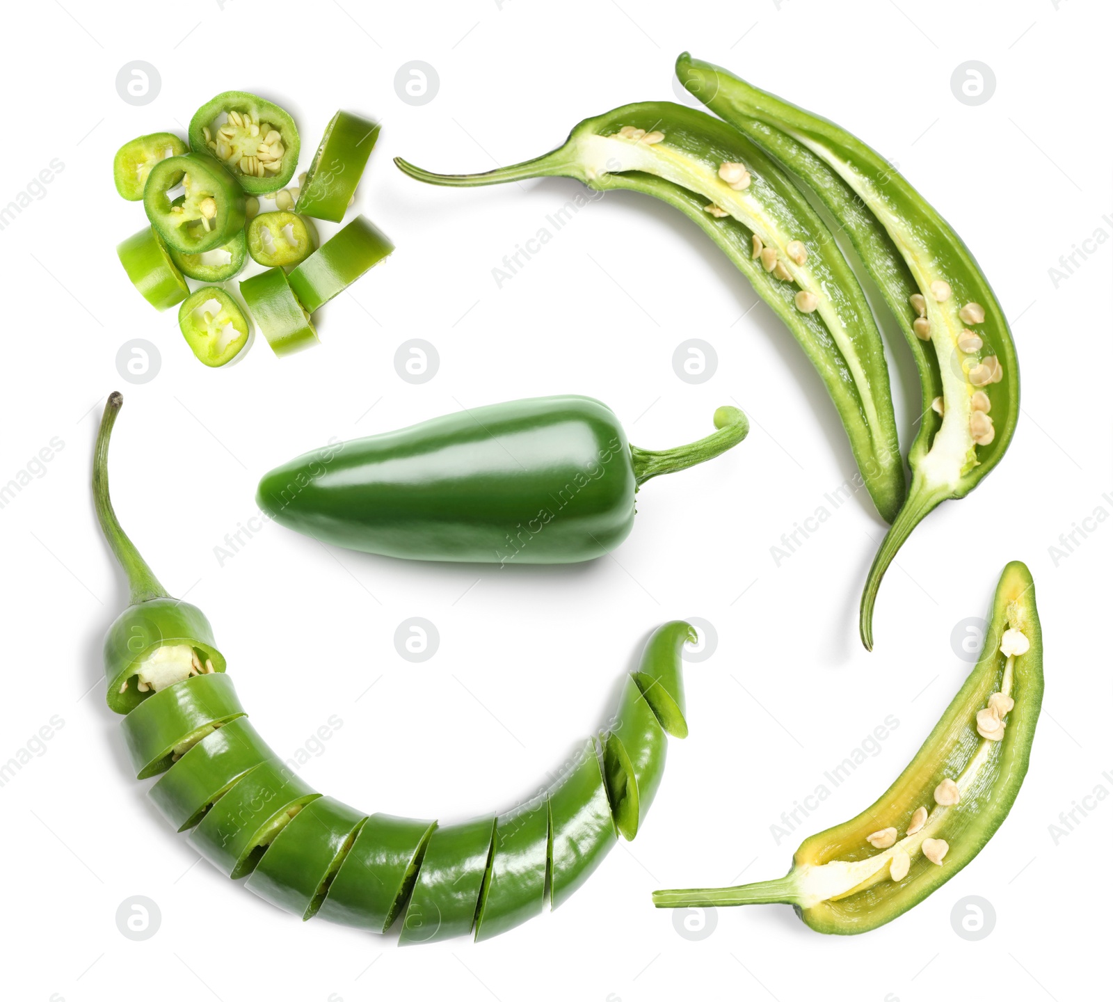 Image of Set with green hot chili peppers on white background, top view