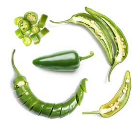 Image of Set with green hot chili peppers on white background, top view