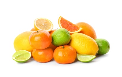 Photo of Set of fresh citrus fruits on white background