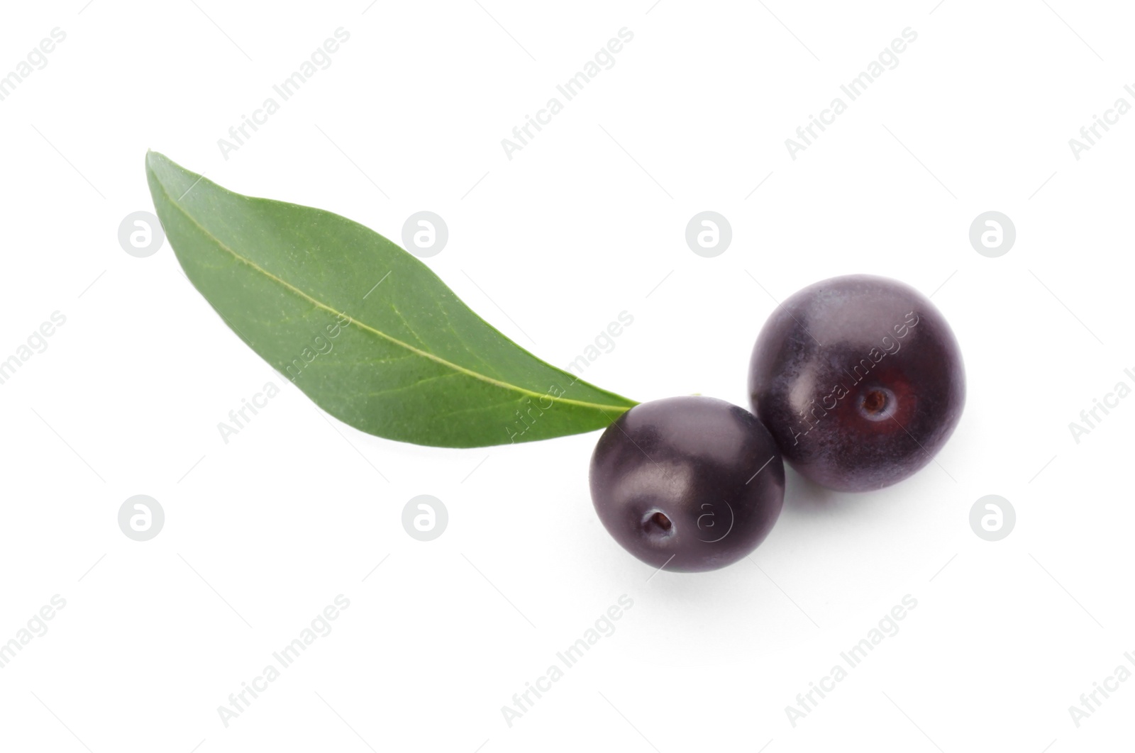 Photo of Fresh acai berries with leaf isolated on white, top view