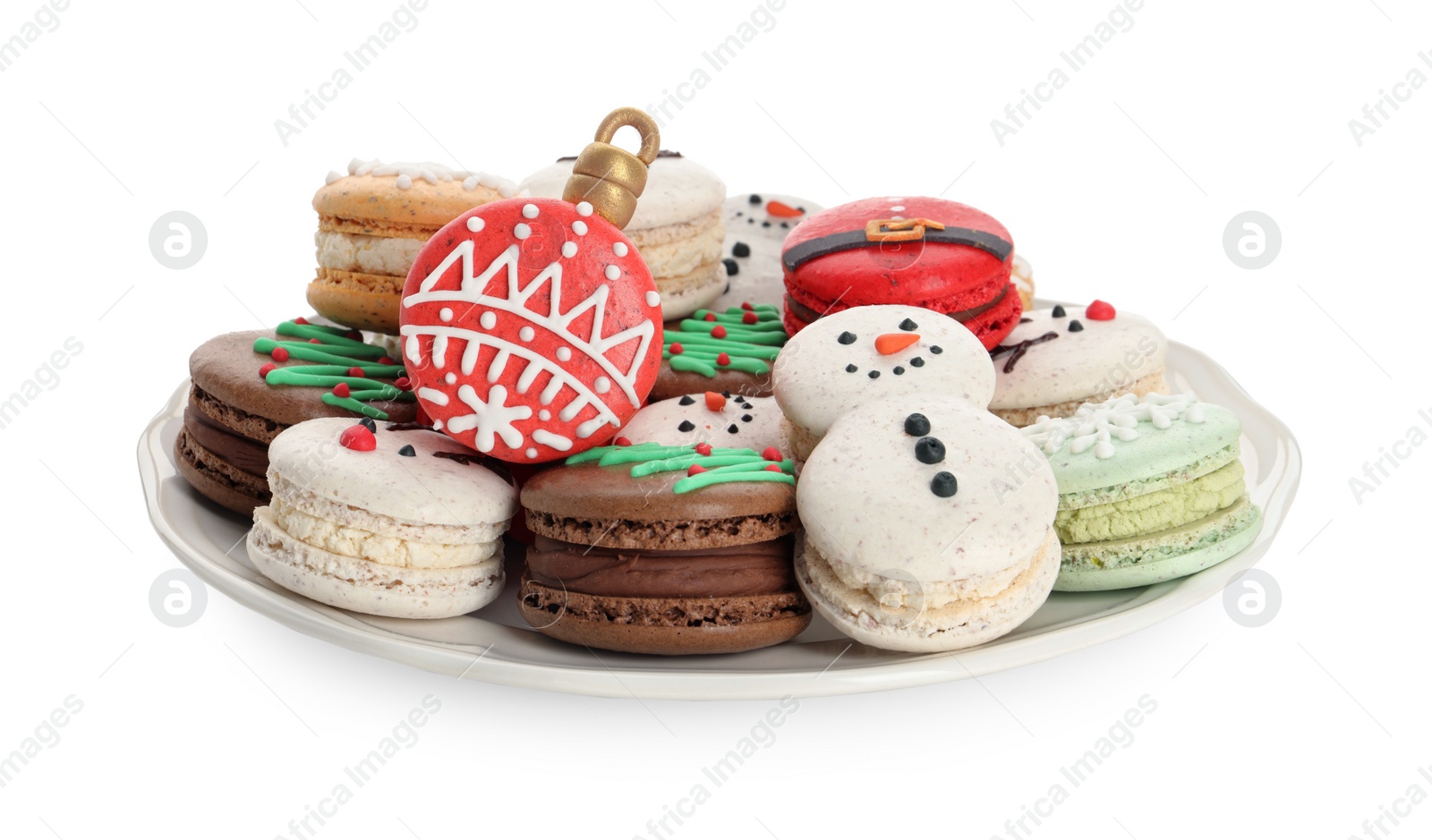 Photo of Beautifully decorated Christmas macarons on white background