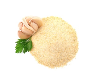 Photo of Pile of dry garlic powder and parsley on white background, top view