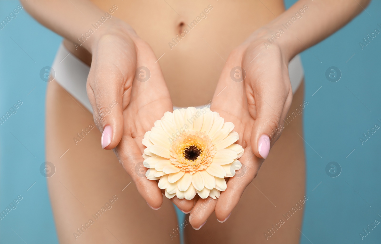 Photo of Woman in white panties with gerbera flower on light blue background, closeup