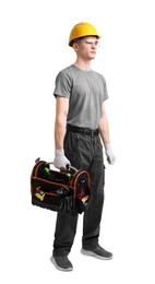 Photo of Professional repairman with tool box on white background