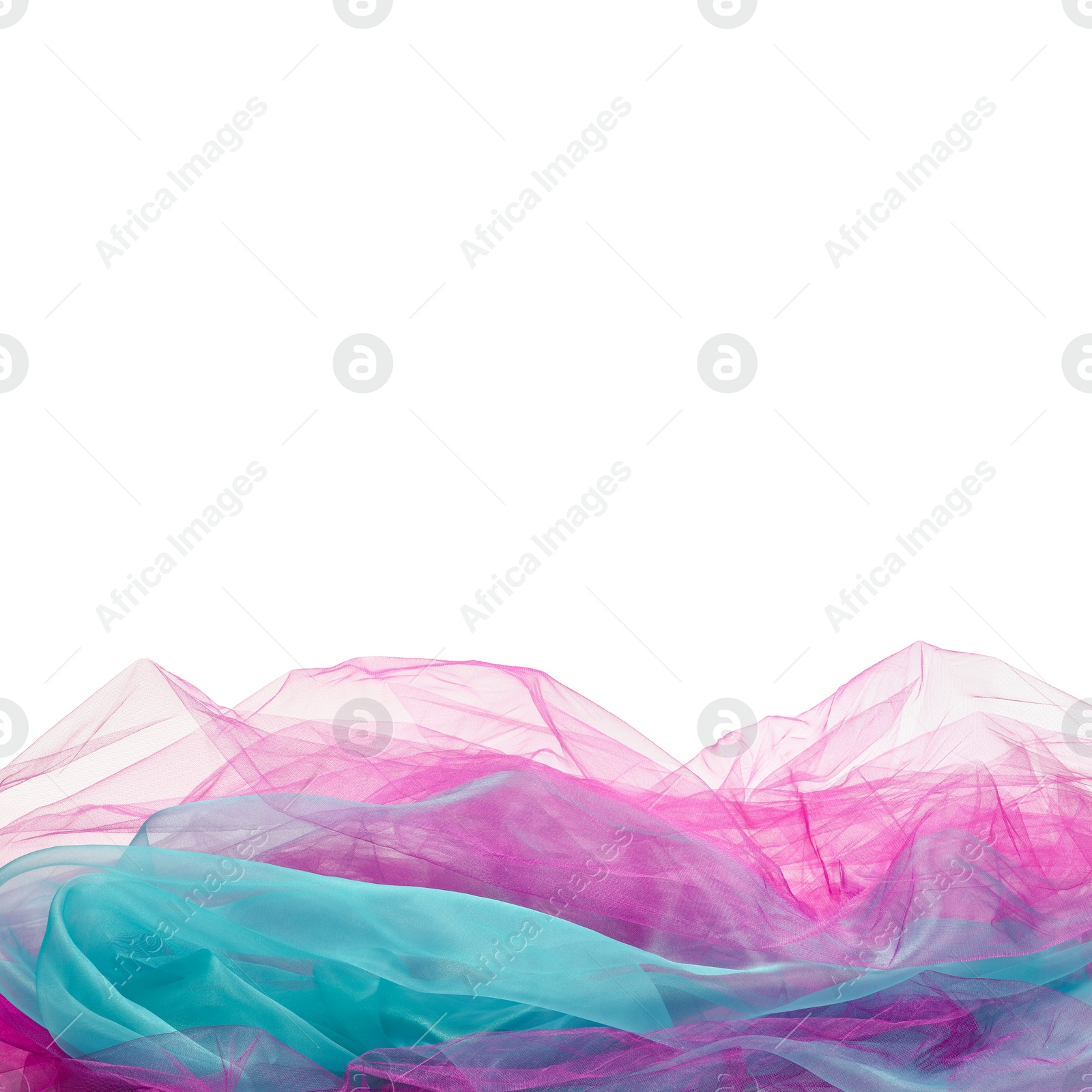 Photo of Beautiful colorful tulle fabrics on white background. Space for text