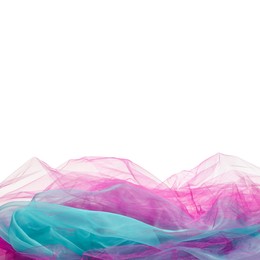 Beautiful colorful tulle fabrics on white background. Space for text