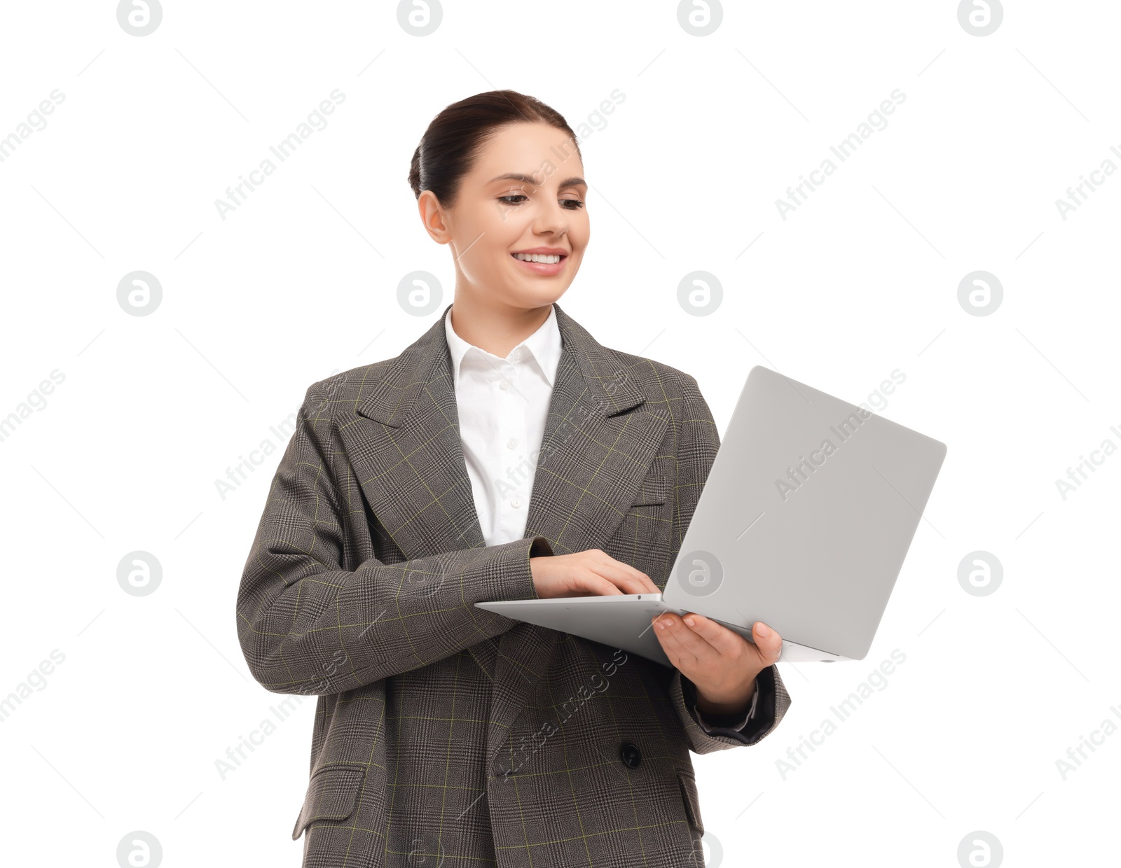 Photo of Beautiful businesswoman using laptop on white background