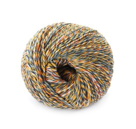 Photo of Soft colorful woolen yarn on white background, top view