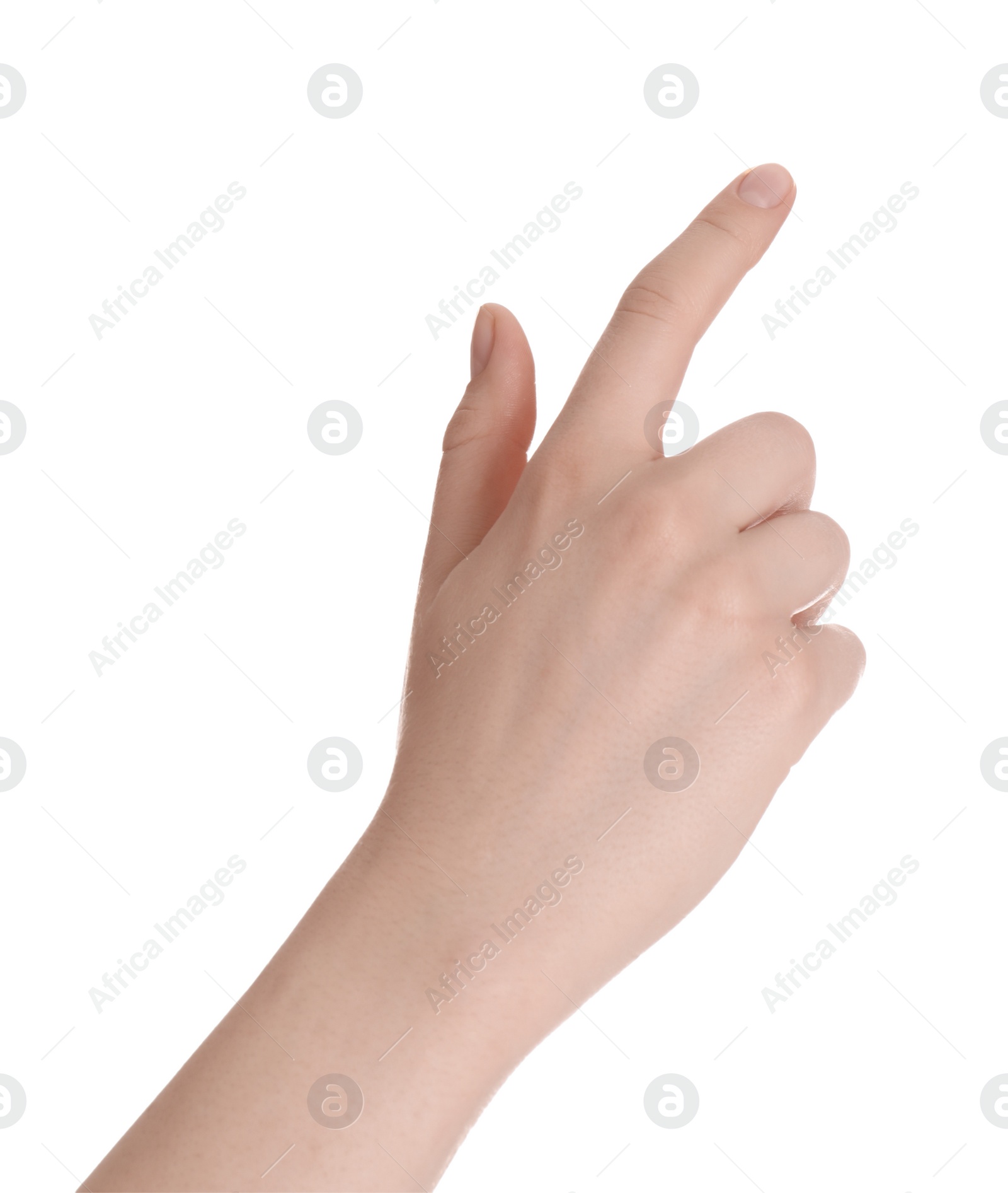 Photo of Woman against white background, closeup of hand