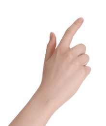 Photo of Woman against white background, closeup of hand