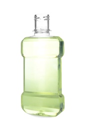 Photo of Bottle with mouthwash for teeth care on white background