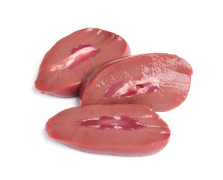 Photo of Cut fresh raw pork kidney on white background