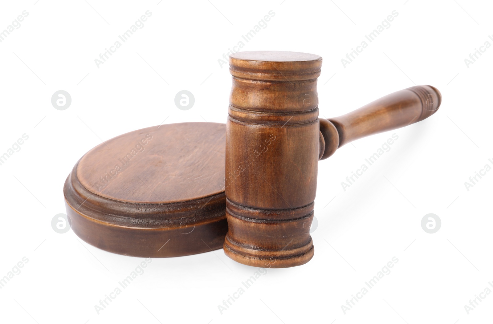 Photo of Wooden gavel isolated on white. Small mallet