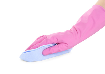 Photo of Person in rubber glove with rag on white background, closeup of hand