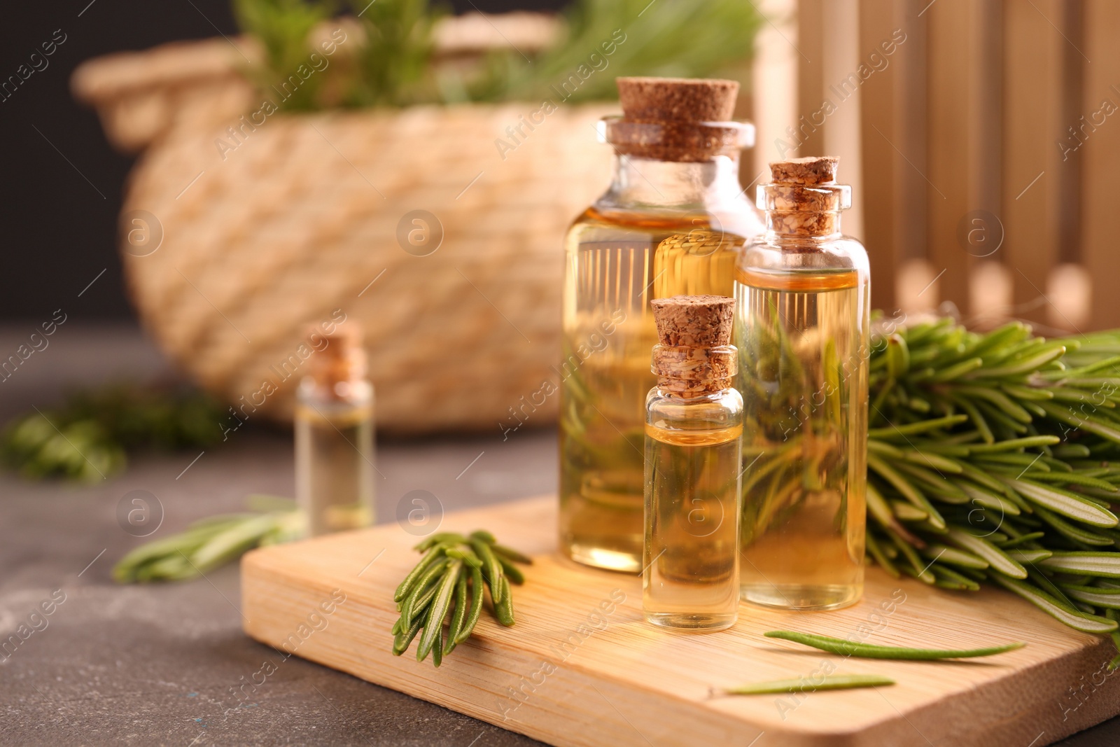 Photo of Essential oil in bottles and rosemary on grey table, space for text