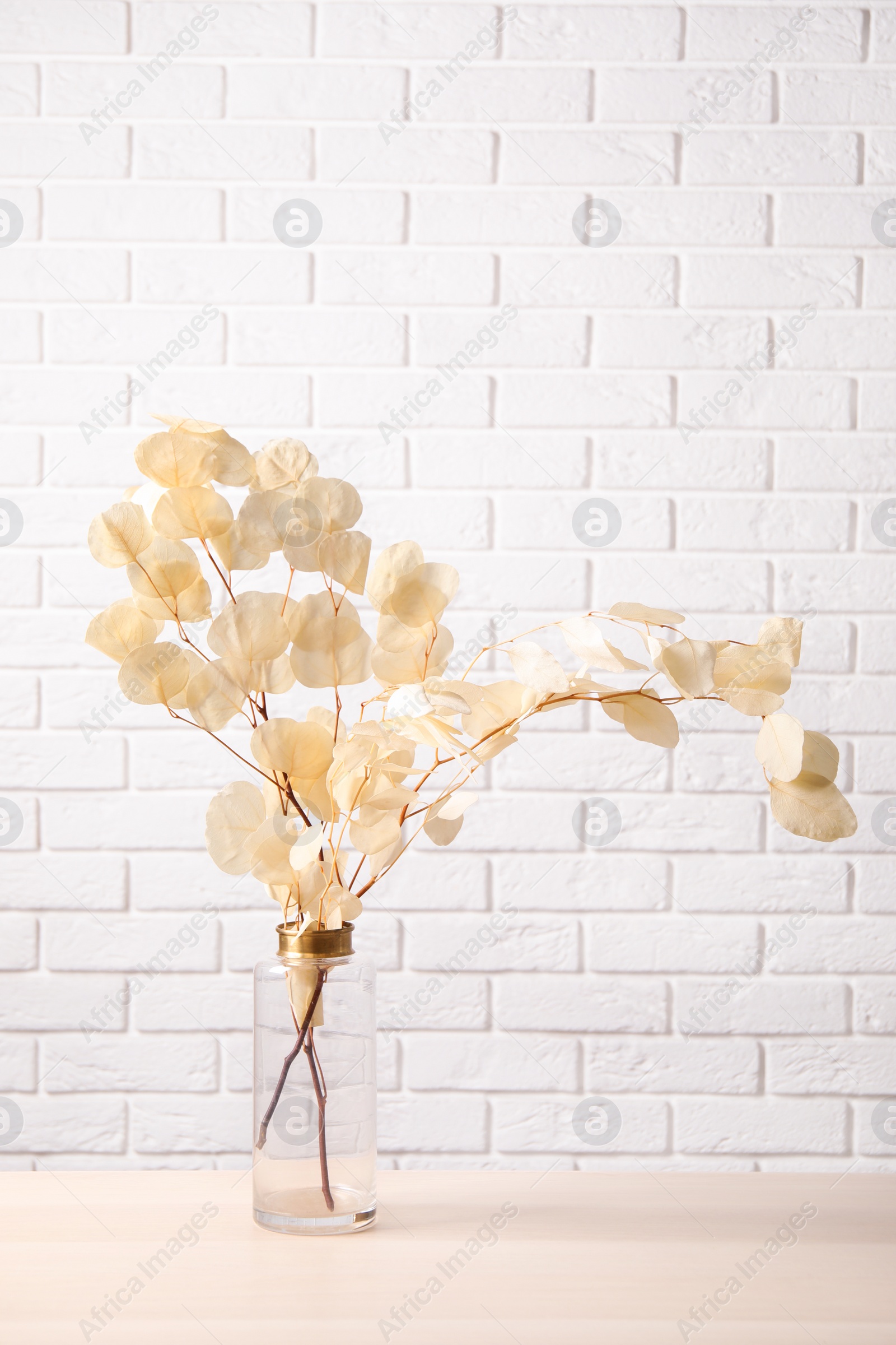 Photo of Dried eucalyptus branches in vase on table against white brick wall