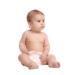 Photo of Cute little baby in diaper sitting on white background