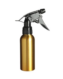 Photo of Stylish bottle with sprayer isolated on white. Hairdresser tool