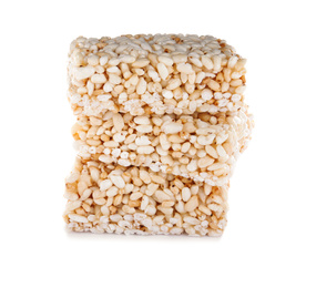 Photo of Delicious rice crispy treats isolated on white