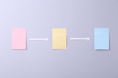 Photo of Business process organization and optimization. Scheme with paper notes and arrows on light grey background, top view