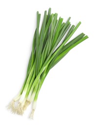 Photo of Fresh green spring onions on white background, top view