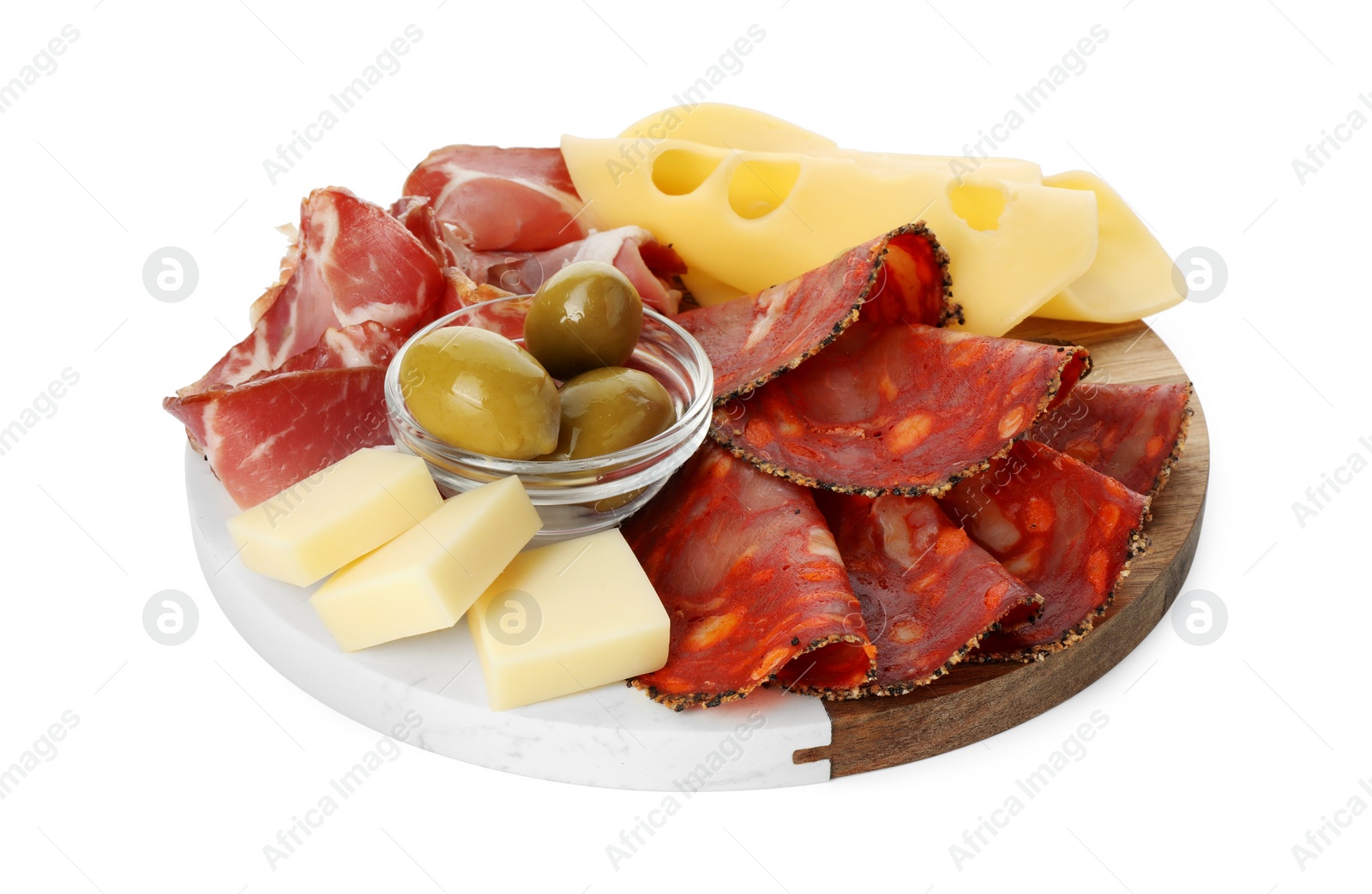 Photo of Serving board with delicious cured ham, cheese, sausage and olives isolated on white