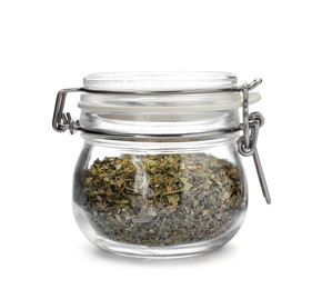 Photo of Glass jar with dried parsley on white background