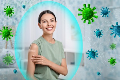 Image of Woman with strong immunity due to vaccination surrounded by viruses indoors