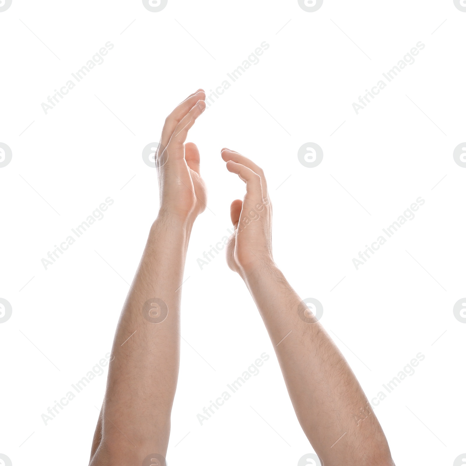 Photo of Man extending hands on white background, closeup