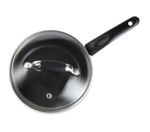 Photo of Sauce pan with lid isolated on white, top view
