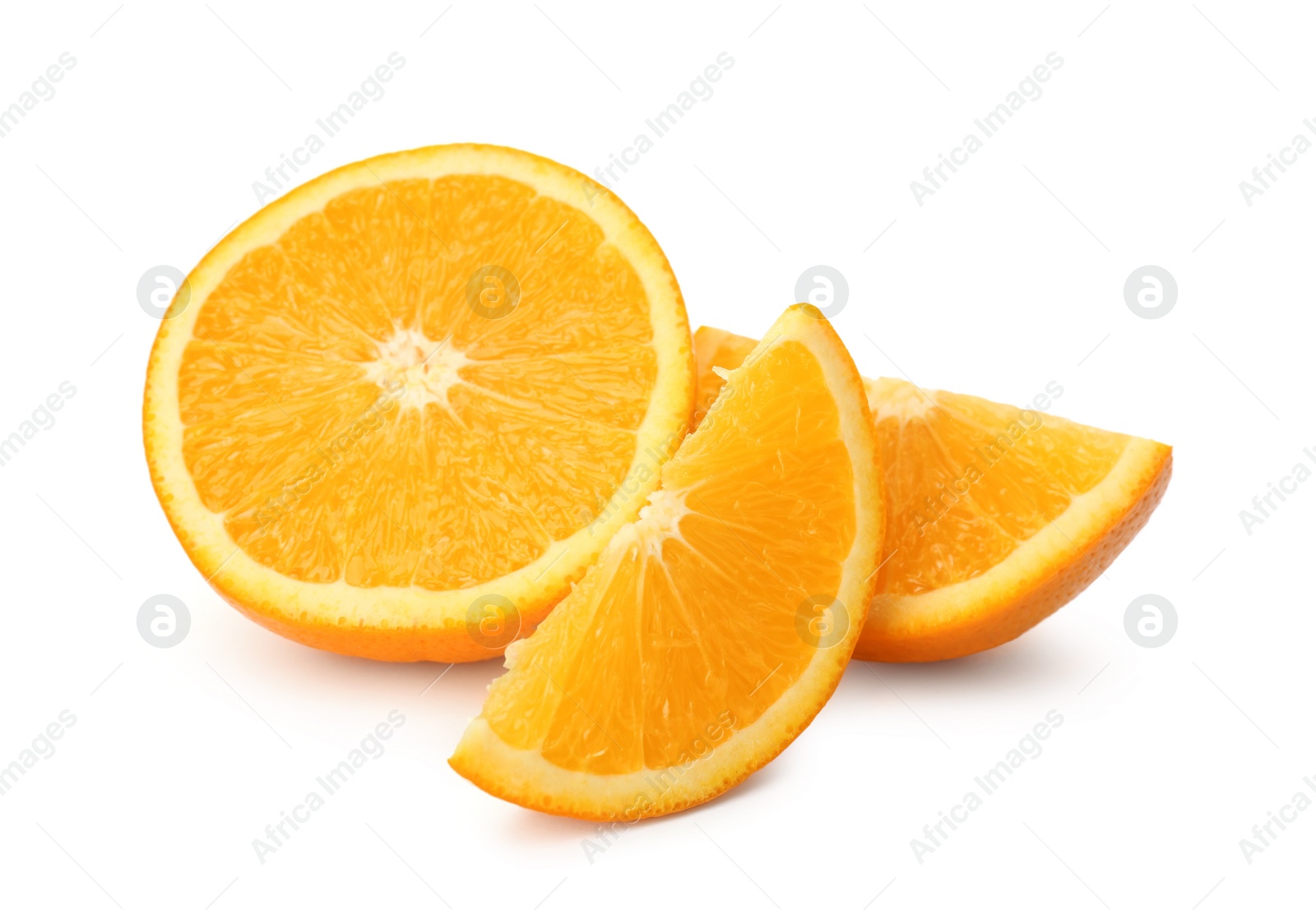 Photo of Cut fresh ripe orange on white background